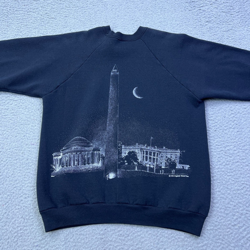 VTG 1992 Washington DC Sweatshirt Mens L Black AOP Monuments USA Made Pullover** - Picture 12 of 14
